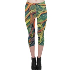 Outdoors Night Setting Scene Forest Woods Light Moonlight Nature Wilderness Leaves Branches Abstract Capri Leggings  by Posterlux