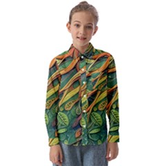 Outdoors Night Setting Scene Forest Woods Light Moonlight Nature Wilderness Leaves Branches Abstract Kids  Long Sleeve Shirt by Posterlux