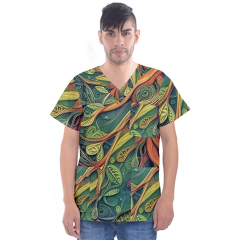 Outdoors Night Setting Scene Forest Woods Light Moonlight Nature Wilderness Leaves Branches Abstract Men s V-neck Scrub Top by Posterlux