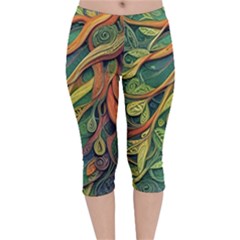 Outdoors Night Setting Scene Forest Woods Light Moonlight Nature Wilderness Leaves Branches Abstract Velvet Capri Leggings  by Posterlux