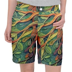 Outdoors Night Setting Scene Forest Woods Light Moonlight Nature Wilderness Leaves Branches Abstract Women s Pocket Shorts by Posterlux