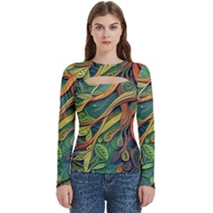 Outdoors Night Setting Scene Forest Woods Light Moonlight Nature Wilderness Leaves Branches Abstract Women s Cut Out Long Sleeve T-shirt