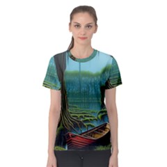 Boat Canoe Swamp Bayou Roots Moss Log Nature Scene Landscape Water Lake Setting Abandoned Rowboat Fi Women s Sport Mesh T-shirt