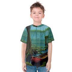 Boat Canoe Swamp Bayou Roots Moss Log Nature Scene Landscape Water Lake Setting Abandoned Rowboat Fi Kids  Cotton T-shirt