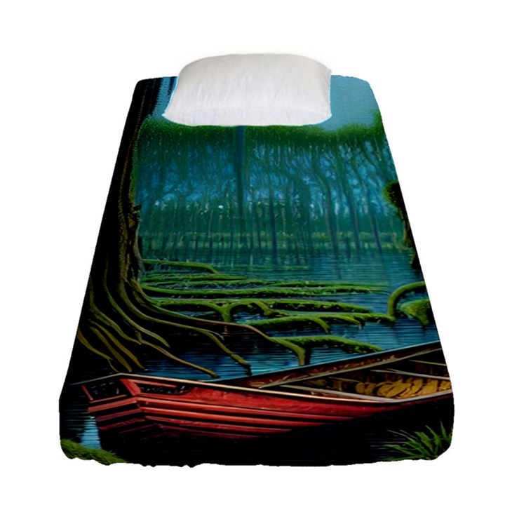 Boat Canoe Swamp Bayou Roots Moss Log Nature Scene Landscape Water Lake Setting Abandoned Rowboat Fi Fitted Sheet (Single Size)