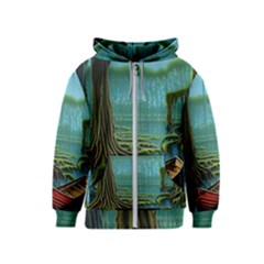 Boat Canoe Swamp Bayou Roots Moss Log Nature Scene Landscape Water Lake Setting Abandoned Rowboat Fi Kids  Zipper Hoodie by Posterlux