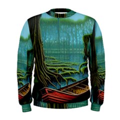 Boat Canoe Swamp Bayou Roots Moss Log Nature Scene Landscape Water Lake Setting Abandoned Rowboat Fi Men s Sweatshirt by Posterlux