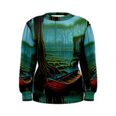 Boat Canoe Swamp Bayou Roots Moss Log Nature Scene Landscape Water Lake Setting Abandoned Rowboat Fi Women s Sweatshirt by Posterlux