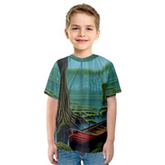 Boat Canoe Swamp Bayou Roots Moss Log Nature Scene Landscape Water Lake Setting Abandoned Rowboat Fi Kids  Sport Mesh T-shirt