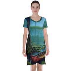 Boat Canoe Swamp Bayou Roots Moss Log Nature Scene Landscape Water Lake Setting Abandoned Rowboat Fi Short Sleeve Nightdress by Posterlux