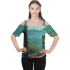 Boat Canoe Swamp Bayou Roots Moss Log Nature Scene Landscape Water Lake Setting Abandoned Rowboat Fi Cutout Shoulder T-shirt