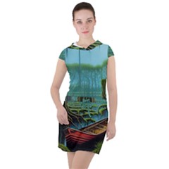 Boat Canoe Swamp Bayou Roots Moss Log Nature Scene Landscape Water Lake Setting Abandoned Rowboat Fi Drawstring Hooded Dress by Posterlux