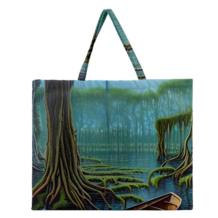 Boat Canoe Swamp Bayou Roots Moss Log Nature Scene Landscape Water Lake Setting Abandoned Rowboat Fi Zipper Large Tote Bag