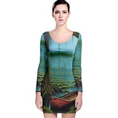 Boat Canoe Swamp Bayou Roots Moss Log Nature Scene Landscape Water Lake Setting Abandoned Rowboat Fi Long Sleeve Velvet Bodycon Dress