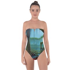 Boat Canoe Swamp Bayou Roots Moss Log Nature Scene Landscape Water Lake Setting Abandoned Rowboat Fi Tie Back One Piece Swimsuit