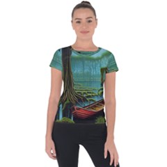 Boat Canoe Swamp Bayou Roots Moss Log Nature Scene Landscape Water Lake Setting Abandoned Rowboat Fi Short Sleeve Sports Top  by Posterlux