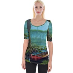 Boat Canoe Swamp Bayou Roots Moss Log Nature Scene Landscape Water Lake Setting Abandoned Rowboat Fi Wide Neckline T-shirt