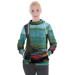 Boat Canoe Swamp Bayou Roots Moss Log Nature Scene Landscape Water Lake Setting Abandoned Rowboat Fi Women s Hooded Pullover by Posterlux