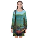 Boat Canoe Swamp Bayou Roots Moss Log Nature Scene Landscape Water Lake Setting Abandoned Rowboat Fi Long Sleeve Chiffon Shift Dress  View1