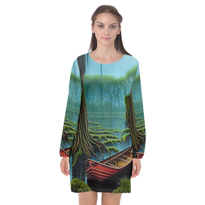 Boat Canoe Swamp Bayou Roots Moss Log Nature Scene Landscape Water Lake Setting Abandoned Rowboat Fi Long Sleeve Chiffon Shift Dress 