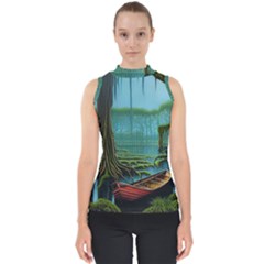 Boat Canoe Swamp Bayou Roots Moss Log Nature Scene Landscape Water Lake Setting Abandoned Rowboat Fi Mock Neck Shell Top by Posterlux