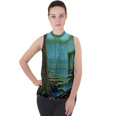 Boat Canoe Swamp Bayou Roots Moss Log Nature Scene Landscape Water Lake Setting Abandoned Rowboat Fi Mock Neck Chiffon Sleeveless Top by Posterlux