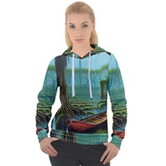 Boat Canoe Swamp Bayou Roots Moss Log Nature Scene Landscape Water Lake Setting Abandoned Rowboat Fi Women s Overhead Hoodie by Posterlux