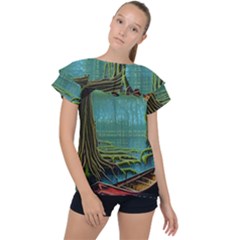 Boat Canoe Swamp Bayou Roots Moss Log Nature Scene Landscape Water Lake Setting Abandoned Rowboat Fi Ruffle Collar Chiffon Blouse