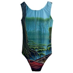 Boat Canoe Swamp Bayou Roots Moss Log Nature Scene Landscape Water Lake Setting Abandoned Rowboat Fi Kids  Cut-out Back One Piece Swimsuit by Posterlux