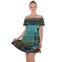 Boat Canoe Swamp Bayou Roots Moss Log Nature Scene Landscape Water Lake Setting Abandoned Rowboat Fi Off Shoulder Velour Dress by Posterlux