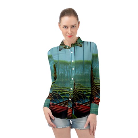 Boat Canoe Swamp Bayou Roots Moss Log Nature Scene Landscape Water Lake Setting Abandoned Rowboat Fi Long Sleeve Chiffon Shirt by Posterlux