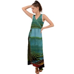 Boat Canoe Swamp Bayou Roots Moss Log Nature Scene Landscape Water Lake Setting Abandoned Rowboat Fi V-neck Chiffon Maxi Dress by Posterlux