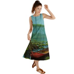 Boat Canoe Swamp Bayou Roots Moss Log Nature Scene Landscape Water Lake Setting Abandoned Rowboat Fi Summer Maxi Dress by Posterlux