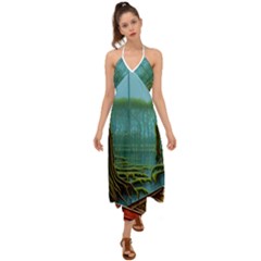 Boat Canoe Swamp Bayou Roots Moss Log Nature Scene Landscape Water Lake Setting Abandoned Rowboat Fi Halter Tie Back Dress  by Posterlux