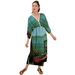 Boat Canoe Swamp Bayou Roots Moss Log Nature Scene Landscape Water Lake Setting Abandoned Rowboat Fi Grecian Style  Maxi Dress by Posterlux