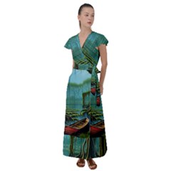 Boat Canoe Swamp Bayou Roots Moss Log Nature Scene Landscape Water Lake Setting Abandoned Rowboat Fi Flutter Sleeve Maxi Dress by Posterlux