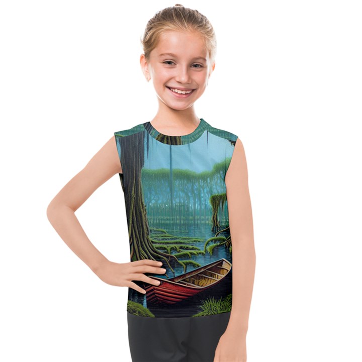 Boat Canoe Swamp Bayou Roots Moss Log Nature Scene Landscape Water Lake Setting Abandoned Rowboat Fi Kids  Mesh Tank Top