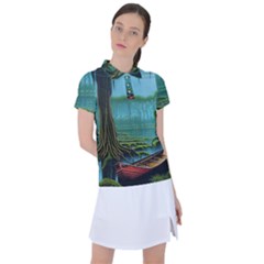 Boat Canoe Swamp Bayou Roots Moss Log Nature Scene Landscape Water Lake Setting Abandoned Rowboat Fi Women s Polo T-shirt