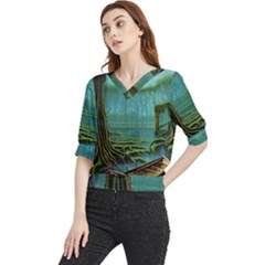 Boat Canoe Swamp Bayou Roots Moss Log Nature Scene Landscape Water Lake Setting Abandoned Rowboat Fi Quarter Sleeve Blouse