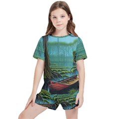 Boat Canoe Swamp Bayou Roots Moss Log Nature Scene Landscape Water Lake Setting Abandoned Rowboat Fi Kids  T-shirt And Sports Shorts Set by Posterlux