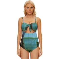 Boat Canoe Swamp Bayou Roots Moss Log Nature Scene Landscape Water Lake Setting Abandoned Rowboat Fi Knot Front One-piece Swimsuit by Posterlux