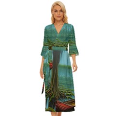 Boat Canoe Swamp Bayou Roots Moss Log Nature Scene Landscape Water Lake Setting Abandoned Rowboat Fi Midsummer Wrap Dress by Posterlux