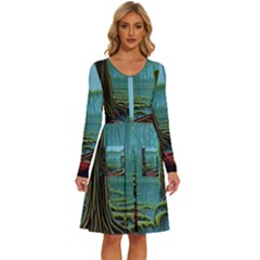 Boat Canoe Swamp Bayou Roots Moss Log Nature Scene Landscape Water Lake Setting Abandoned Rowboat Fi Long Sleeve Dress With Pocket by Posterlux