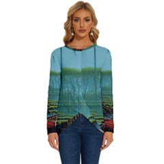 Boat Canoe Swamp Bayou Roots Moss Log Nature Scene Landscape Water Lake Setting Abandoned Rowboat Fi Long Sleeve Crew Neck Pullover Top by Posterlux