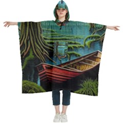 Boat Canoe Swamp Bayou Roots Moss Log Nature Scene Landscape Water Lake Setting Abandoned Rowboat Fi Women s Hooded Rain Ponchos by Posterlux