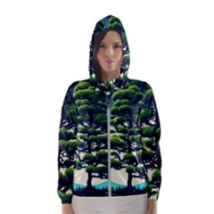 Pine Moon Tree Landscape Nature Scene Stars Setting Night Midnight Full Moon Women s Hooded Windbreaker by Posterlux