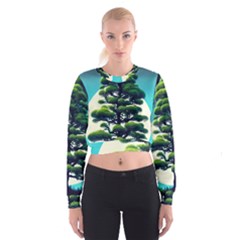 Pine Moon Tree Landscape Nature Scene Stars Setting Night Midnight Full Moon Cropped Sweatshirt