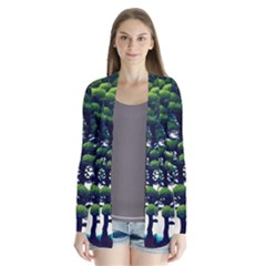 Pine Moon Tree Landscape Nature Scene Stars Setting Night Midnight Full Moon Drape Collar Cardigan by Posterlux