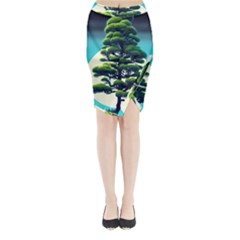 Pine Moon Tree Landscape Nature Scene Stars Setting Night Midnight Full Moon Midi Wrap Pencil Skirt by Posterlux