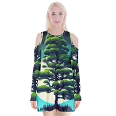 Pine Moon Tree Landscape Nature Scene Stars Setting Night Midnight Full Moon Velvet Long Sleeve Shoulder Cutout Dress